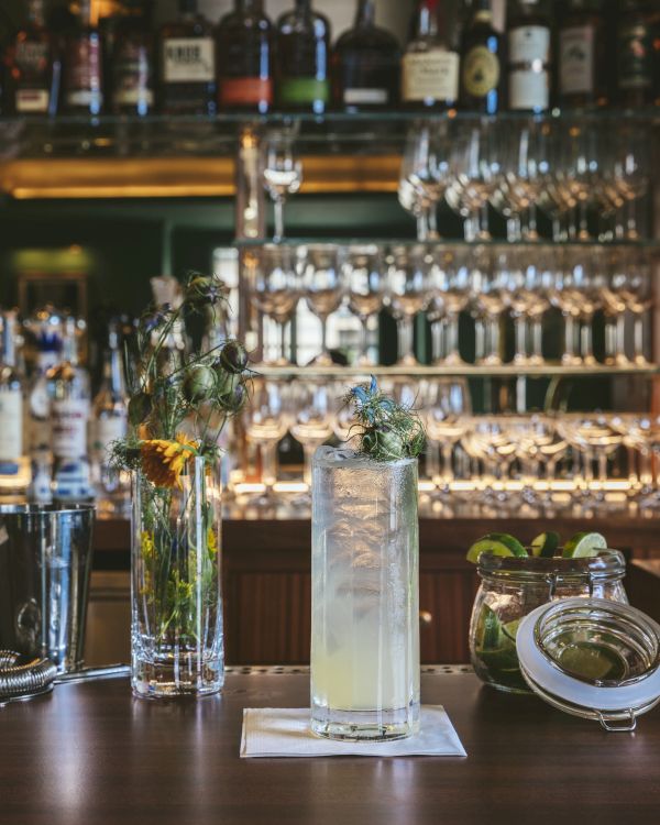 A well-stocked bar with various bottles and glasses, featuring a flower vase, a tall cocktail, and fresh garnishes on the counter.